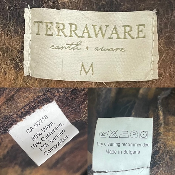TERRAWARE Earth Aware Plaid Wool Cashmere Hooded Poncho Wrap Jacket Coat Brown M - Picture 11 of 11